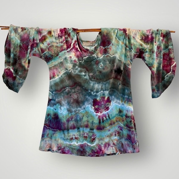Large Tie Dye Ladies Scoop Neck Bell Sleeve Top, Rayon & Spandex Jersey, Tunic Length, 3/4 Sleeves, Festival Clothing