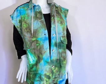Unisex Tie Dye Denim Vest with Detachable Hood: Ice Dyed Hippie Festival Top