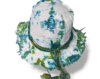Salt Spray Tie Dye Fringe Bucket Hat: Blue, Green, White Medium Size Hat