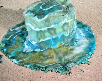 Tie Dye Fringe Bucket Hat, Hippie Woodstock Festival Hat, Unisex One Size 22 1/2", One of a Kind Crusher Hat