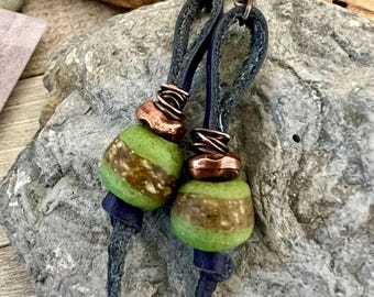 Blue Leather Earrings: African Glass Bead & Copper Dangles
