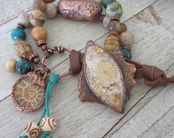 Fossil Coral & Ammonite Bracelet, 6 to 7 Inch Length, Rustic Copper 2 Strand Multi-stone Chunky Boho Style, Handmade Button Clasp