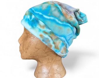 Geode Ice Dyed Cotton Slouch Beanie: Turquoise Tie Dye Skull Cap