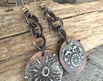 Stamped Silver Earrings, Mixed Metal Mandala Design, 2" Drop Niobium Ear Wires