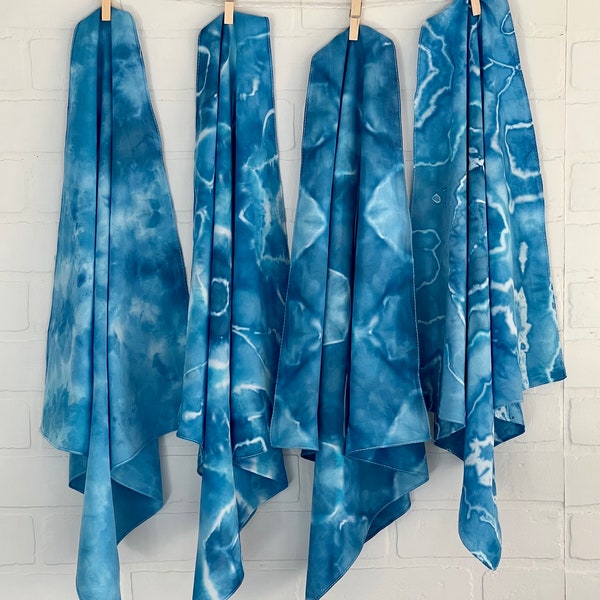 Ice Dyed Bandana, Neck Scarf, Headband, Sanibel Colorway Soft Watery Blues, 20x20" 100% Cotton Hemmed Edges