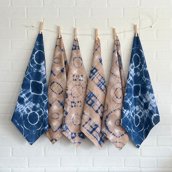 Indigo Dye Bandana, Neck Scarf, Headband, Ice Dyed Shibori, 20x20" 100% Cotton Hemmed Edges