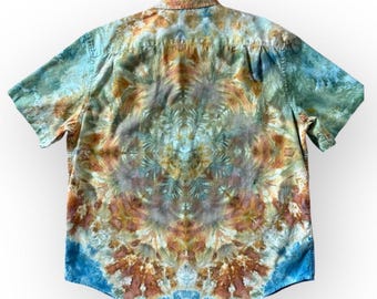 XL Island Tie Dye Linen Cotton Shirt: Men's Short Sleeve Festival Button Down