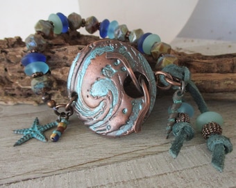 Day At The Beach Bracelet, Boho Chunky Bead Bracelet, Choose 7 - 9 Inch, Handmade Copper Toggle Clasp Bracelet