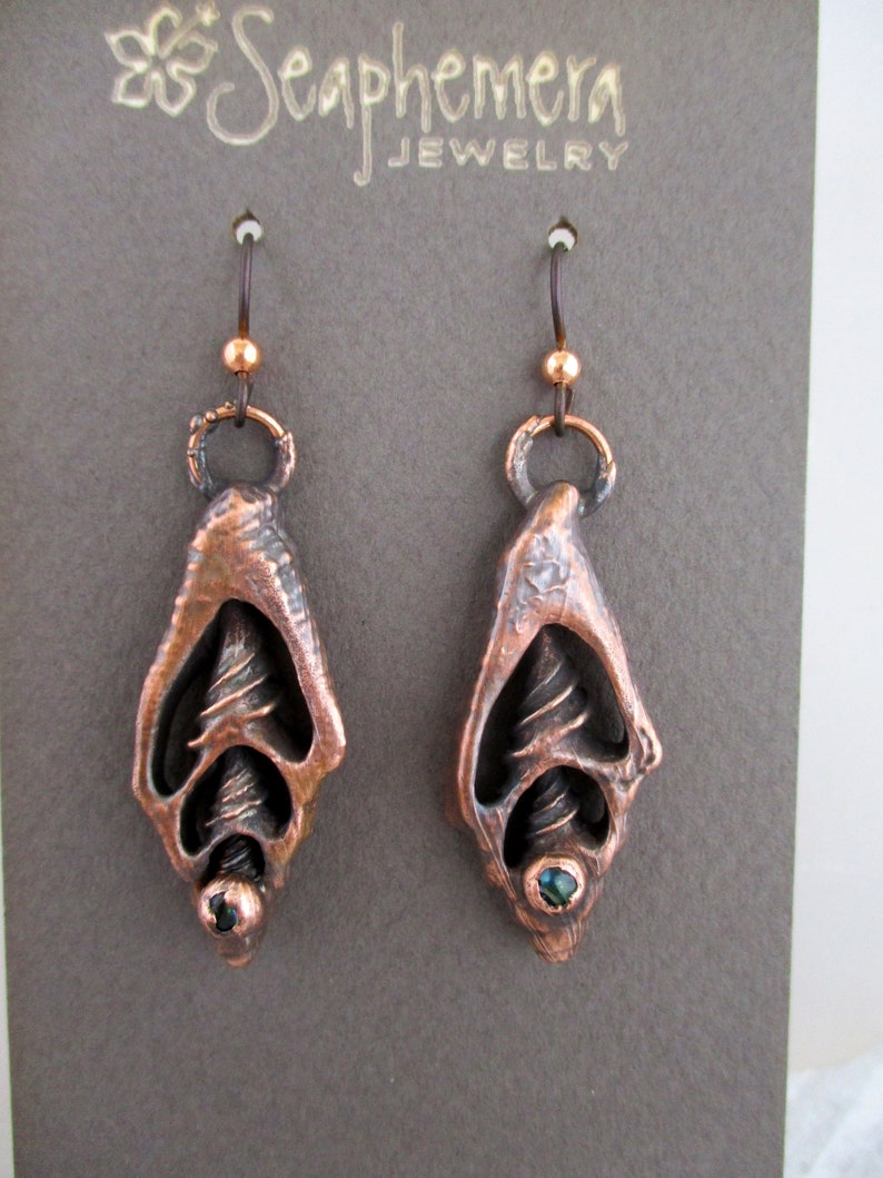 Copper Seashell Earrings, Electroformed Copper, Niobium Earwires, 2 1/4 Drop, Dangle Earrings, Ready To Ship image 2