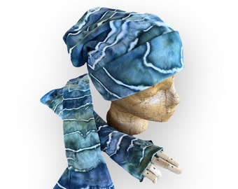 Tie Dye Blue Ice Geode Slouch Beanie and Hand/Arm Warmers, Soft Cotton Chemo Cap & Fingerless Gloves