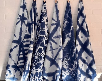 Shibori Indigo Tie Dye Flour Sack Tea Towel w/Hanging Loop, 26x28", Premium Cotton, Each Unique Dyed by Hand, Sold Individually