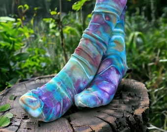 Tie Dye Bamboo Crew Socks, 9-11 Adult Size, Choose Your Pair, Ice Dye Geode, Each Pair Unique, Multi Color Socks