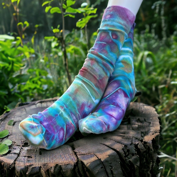 Tie Dye Bamboo Crew Socks, 9-11 Adult Size, Choose Your Pair, Ice Dye Geode, Each Pair Unique, Multi Color Socks