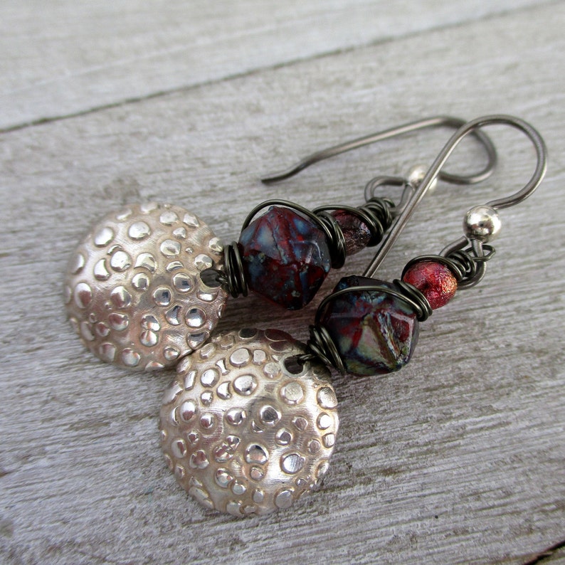1 34 Drop Sterling Silver /& Deep Red Czech Glass Earrings Handmade Ready to Ship Niobium Ear Wire 1 34 Drop