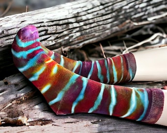 Tie Dye Bamboo Crew Socks, 9-11 Adult Size, Choose Your Pair, Sunset Colors Ice Dye Geode, Each Pair Unique, Multi Color Socks