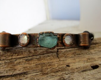 Moonstone & Apatite Bracelet, Copper and Leather Adjustable Slide, Copper Bracelet, One of a Kind, Ready to Ship