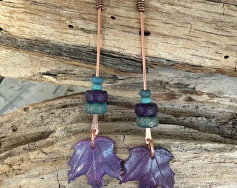 Purple Leaf Earrings, Copper Dangle 4" Drop Shoulder Dusters