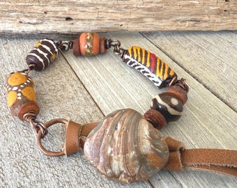 Krobo Bead Bracelet: Handmade Copper, Sea Worn Shell Toggle Clasp