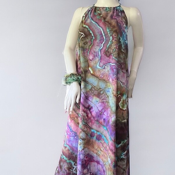 Halter Neck Geode Maxi Dress with Side Slits, Medium, Ice Dyed Cotton/Linen Blend, Tied at Neck, Elegant A Line Sleeveless Dress