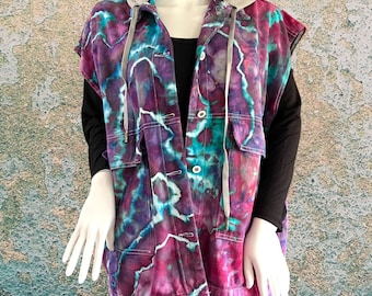 XL Tie Dye Denim Vest w/Detachable Gray Hood, Geode Tie Dye, One of a Kind Hippie Colors, Festival Top
