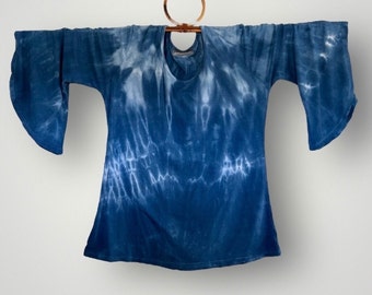 Indigo Shibori Bell Sleeve Top, Size L, Rayon & Spandex Jersey, Tunic Length, 3/4 Sleeves, Festival Clothing