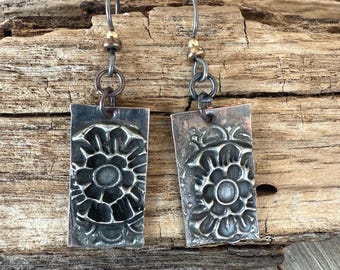 Stamped Silver Earrings, Mixed Metal Rectangles, 1 3/4" Drop Niobium Ear Wires