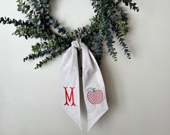 Wreath Sash Apple Monogram Khaki Chambray Cotton