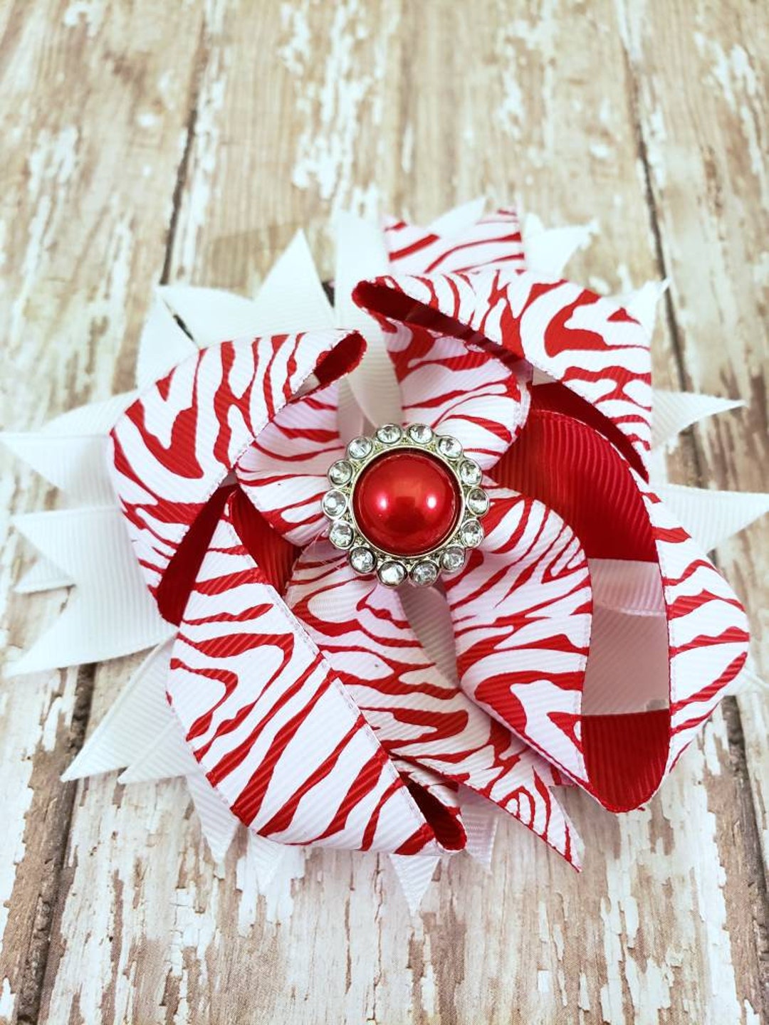 Valentines Day Red and White Hair Bow Red and White Hair Bow with Pearl