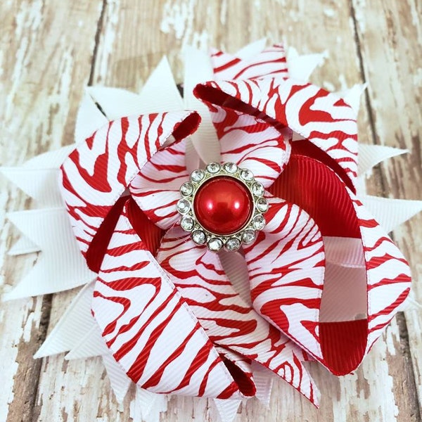 Valentines Day Red and White Hair Bow -- Red and White Hair Bow with Pearl Center -- 4 inch Hair Bow with Spikes -- Tiger Stripe Bow