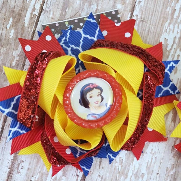 Snow White Inspired Hair Bow -- Princess Bottlecap Hair Bows -- 4 inch Hair Bow with Spikes -- Red Yellow Blue Hair Bow -- Snow White Bows