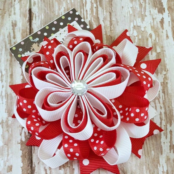 Loopy Red and White Hair Bow -- White and Red Dot Hair Bow with Rhinestone Center -- 3 inch Hair Bow with Spikes -- Christmas Bows