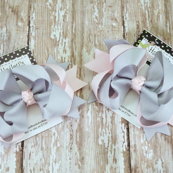 Pink and Gray Hair Bow -- Loopy Spike Hair Bow -- 3 inch bows -- Toddler Bows -- Baby Bows -- Pigtail Bows