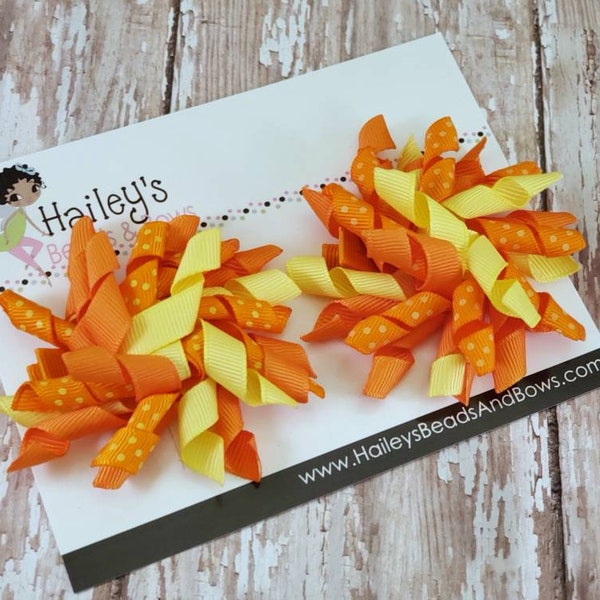 Orange and Yellow Korker Hair Bow Set--Toddler Hair Bow Set -- Pigtail Hair Bows -- Small Hair Bow Set -- Curly Ribbon Bows -- Polka Dot Bow