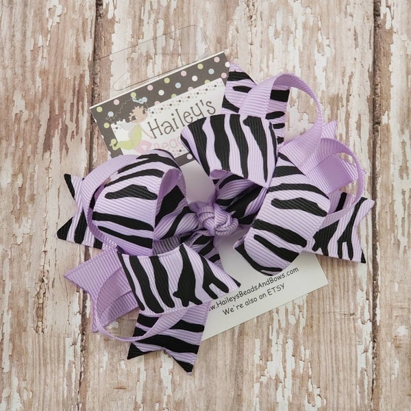 Lavender Zebra Spike Hair Bow -- Purple Tiger Print Loopy Hair Bow -- Zebra hair bows -- 3 inch bows -- Toddler Bows -- Baby Bows