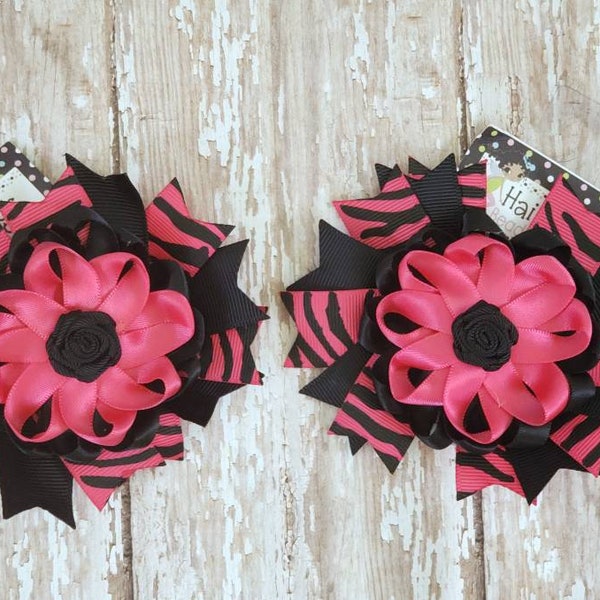 Hot Pink and Zebra Spike Hair Bow, Hot Pink and Zebra Print Loopy Hair Bow, Zebra Hair Bows