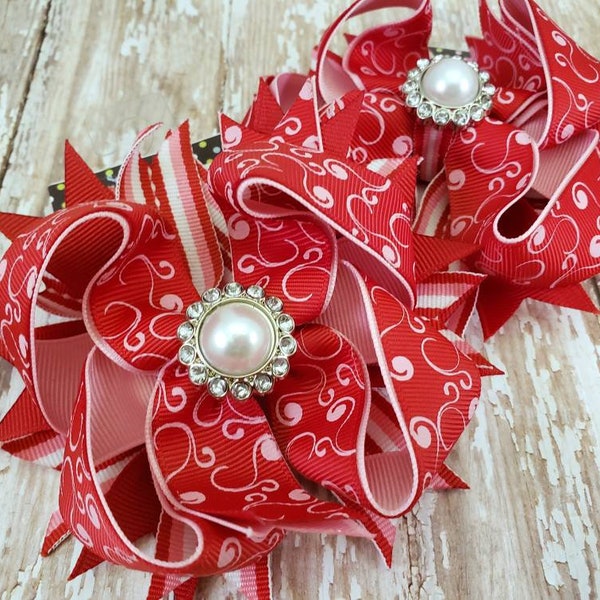 Valentines Day Pink and Red Scroll Print Hair Bow -- Pink and RedHair Bow with Pearl Center -- 4 inch Hair Bow with Spikes -- Large Bows