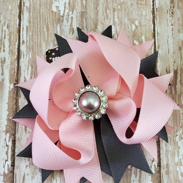 Large Pink and Steel Gray Hair Bow -- 4 inch Hair Bow with Spikes -- Pearl and Rhinestone Center Bows -- Big Girl Hair Bows -- Pink and Gray