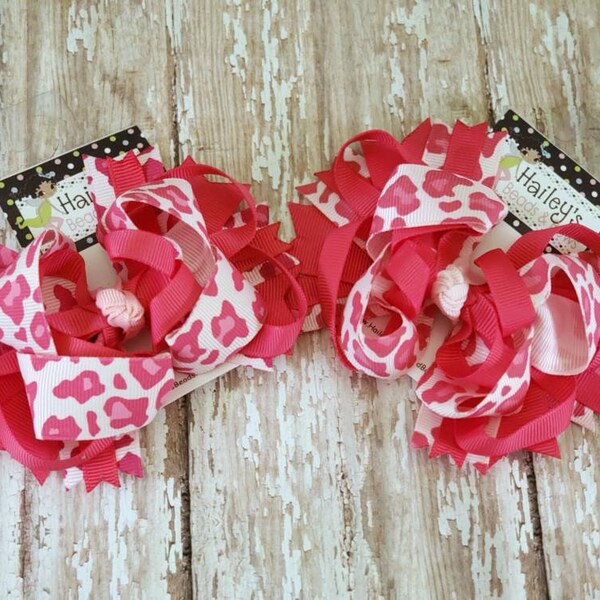 SASSY Pink Cheetah Hair Bow -- Layered Spike Hair Bow -- Hot pink hair bow -- Spike and Loops Bows -- 4 inch Bows