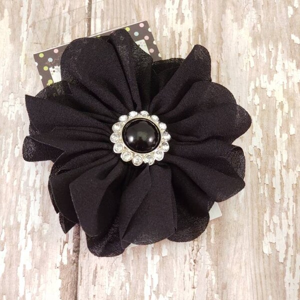Black Chiffon Flower with Pearl Center -- Chiffon Hair Flower Clip -- Hair Clip for Girls, Women, Baby -- Wedding Flower Hair Clip