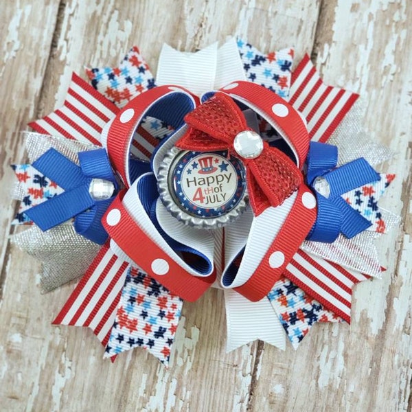 4th of July Hair Bow -- Red White Blue Bottlecap Hair Bow -- 5 inch Hair Bow with Spikes -- Boutique Hair Bows