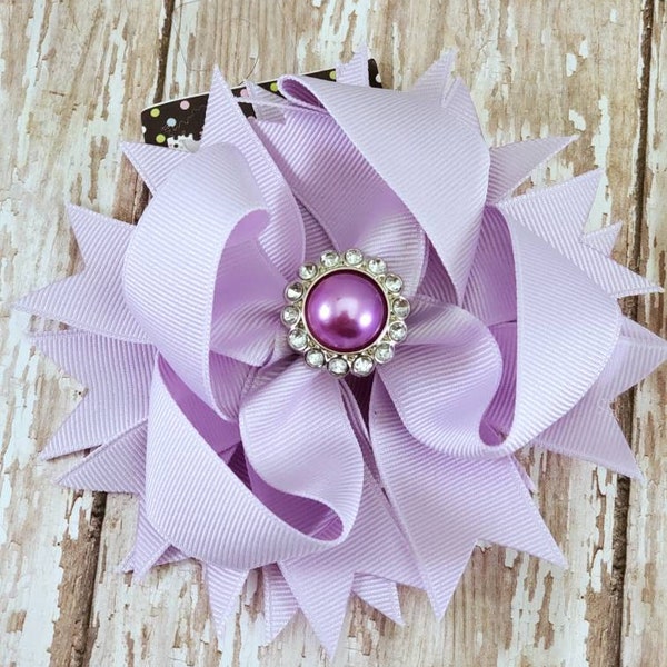 Large Lavender Hair Bow -- Pearl Rhinestone Hair Bow -- 4 inch Hair Bow with Spikes -- Pastel Purple Hair Bow -- Big Girl Bows