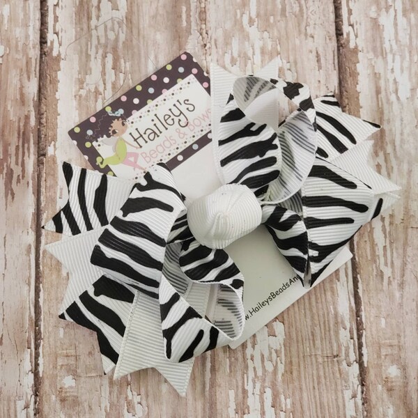 Black and White Zebra Spike Hair Bow, Black and White Zebra Print Hair Bow, Zebra hair bows, 3 inch bows, Toddler Bows, Baby Bows