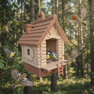 May include: A light brown wooden birdhouse with a log cabin design, featuring a shingled roof, a small ladder, and a side window. Several small birds, including robins and tits, are flying around and perched inside the structure.