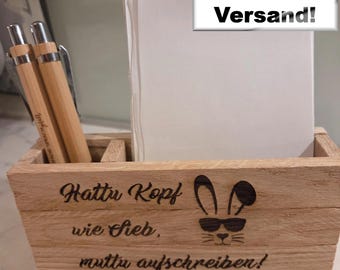 Anteckningsblockshållare, memo-ask, anteckningshållare med pennhållare, trä, Hattu-huvudliknande...