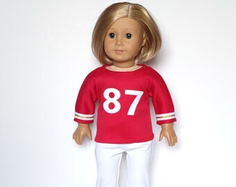 LI Jersey de fútbol rojo número 87 y capris de punto blanco - Ropa de muñeca de 18 pulgadas para American Girl