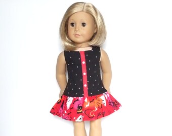 LI Black/White Polka-dot Long Bodice Dress/Red & Orange Skirt/red ribbon front/white buttons - 18 Inch Doll Clothes fits American Girl