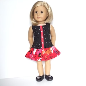 LI Black/White Polka-dot Long Bodice Dress/Red & Orange Skirt/red ribbon front/white buttons 18 Inch Doll Clothes fits American Girl image 1