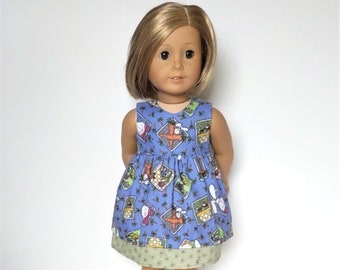 LI Blue Easter Print Sleeveless Dress w/Double Skirt & Bow - 18 Inch Doll Clothes fits American Girl