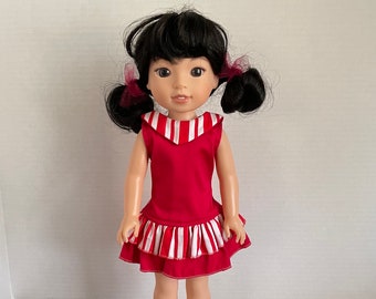 BK, Red & White Dress with Stripe Collar and Double Ruffle Skirt- 14.5 Inch Doll Clothes fits AG Wellie Wishers