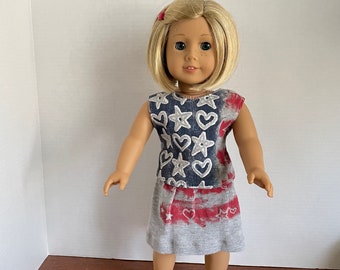 DC, Gray Top & Skirt Set - Red, White, and Blue Stars and Hearts Print with Silver Glitter Accents - 18 Inch Doll Clothes fits American Girl